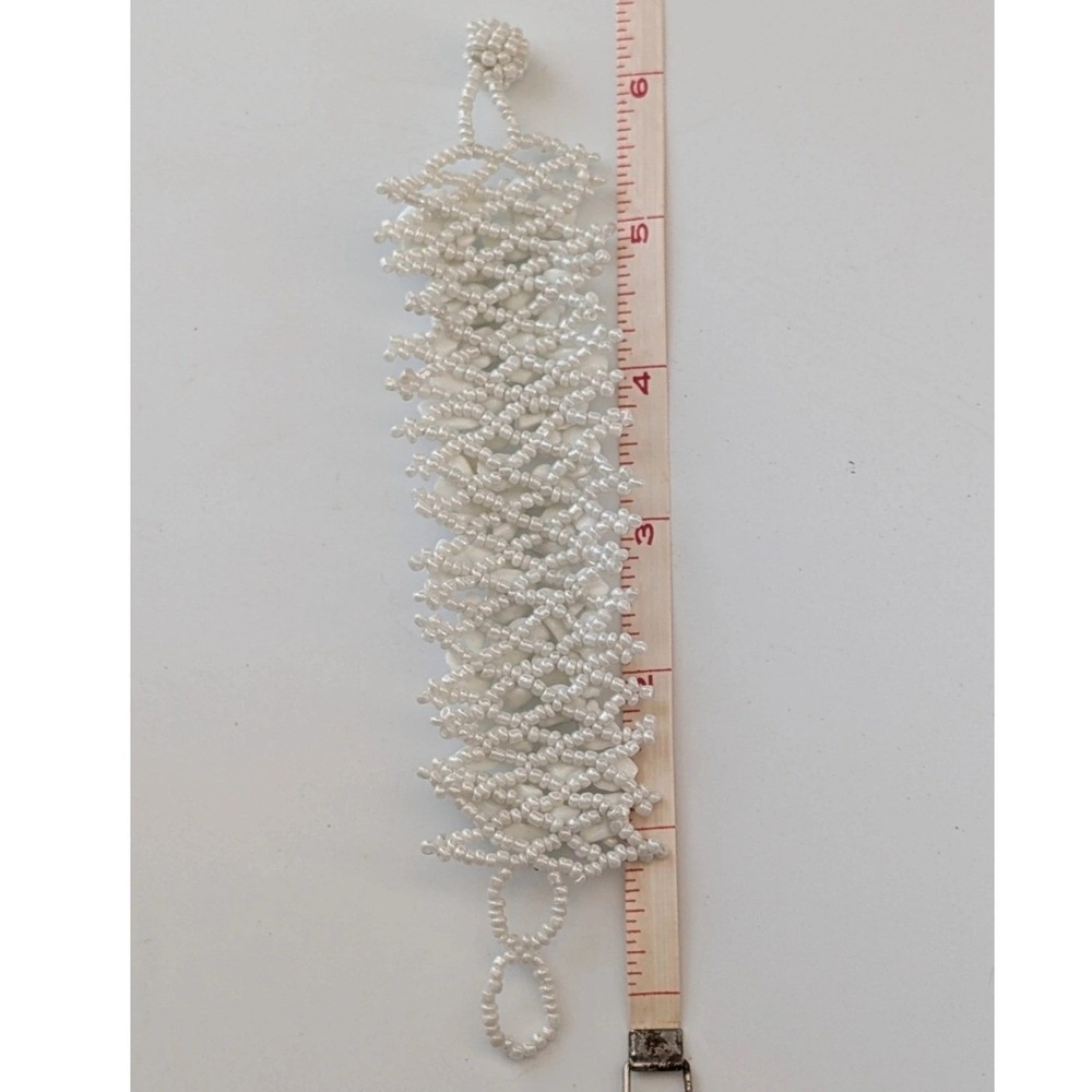 Handmade White Beaded Cuff Bracelet Stone Chip Statement Jewelry 6.5 Inch